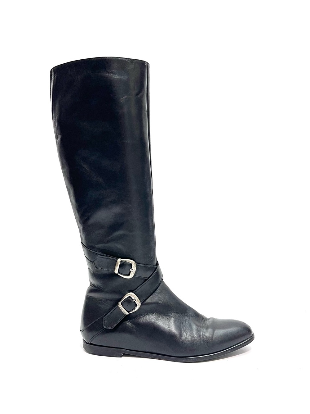 Vintage 1990s black leather knee high buckle strap zip up riding boots